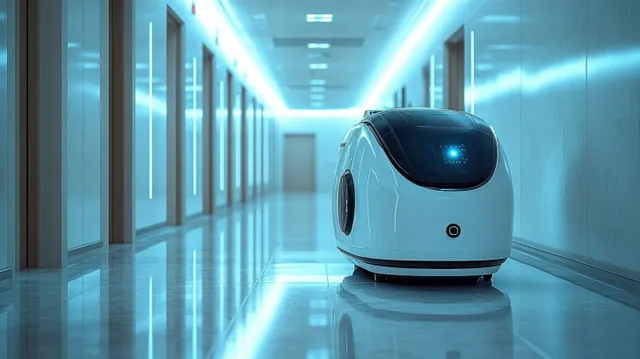 A white delivery robot with blue lights drives down a polished indoor hallway with doorways and floor reflections.