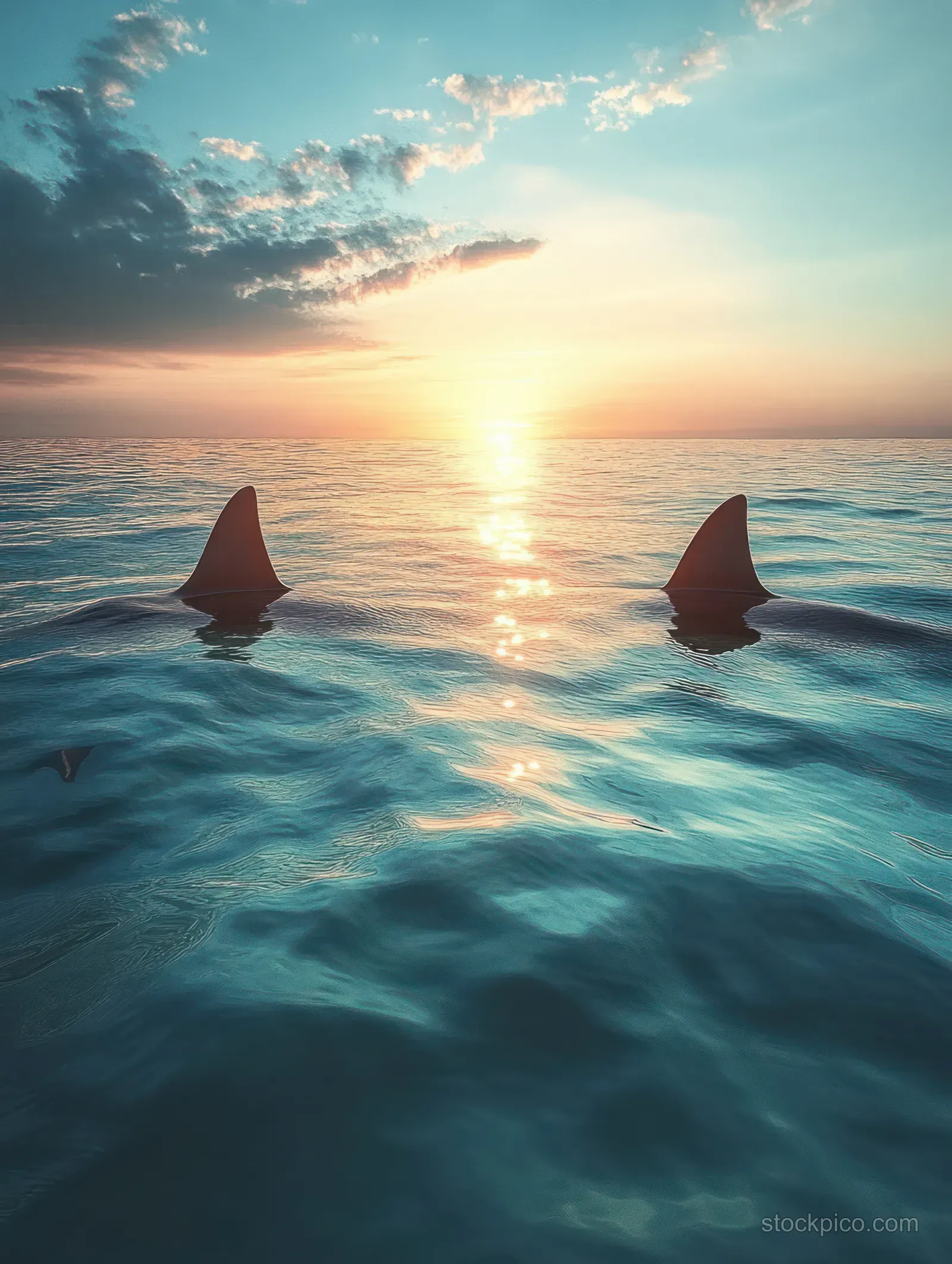 Two shark fins emerge from calm ocean water at sunset, surrounded by gentle ripples and warm reflections.