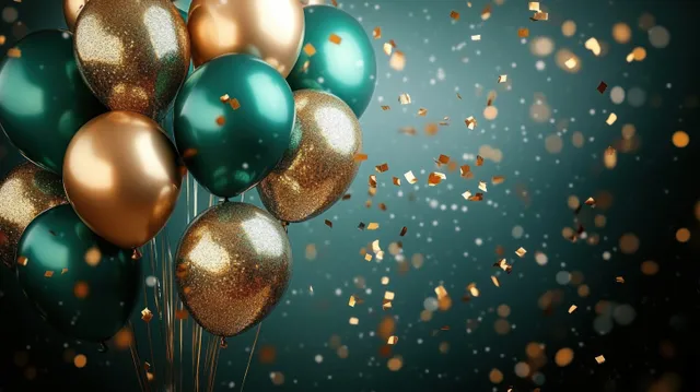 Gold and green balloons float above golden confetti against a dark festive background.