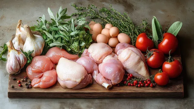 Raw chicken pieces, garlic bulbs, brown eggs, herbs, cherry tomatoes, and pink peppercorns arranged on a wooden board.