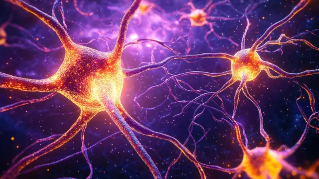 Glowing neuron clusters linked by dendrites in vibrant purple and orange light