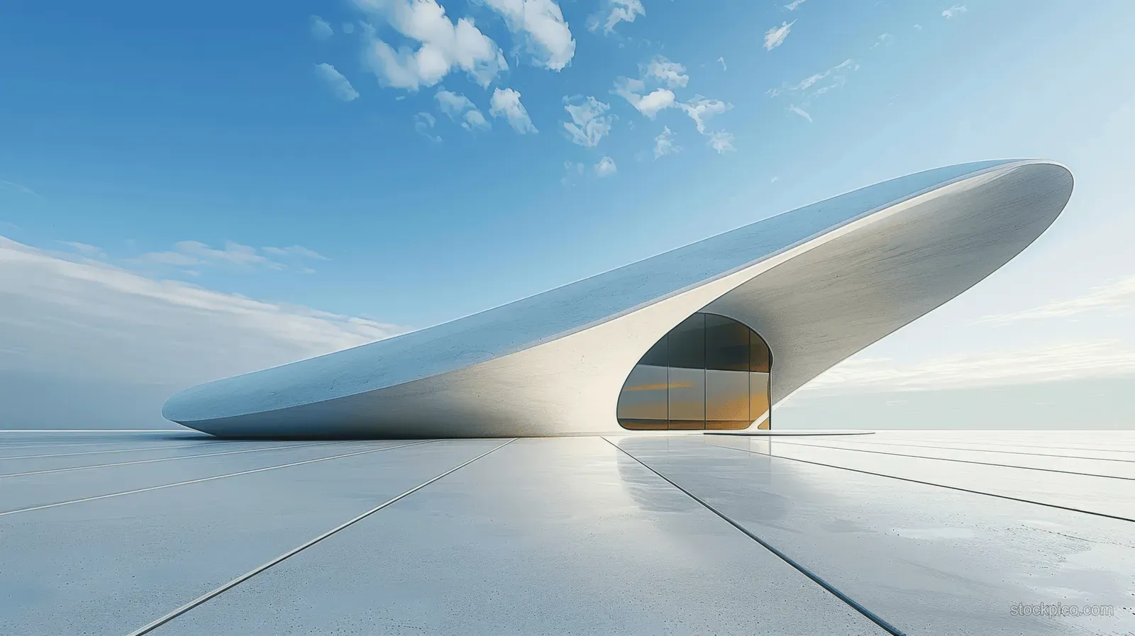 Curved white building with a glass entry sits on a textured concrete floor under a blue sky.