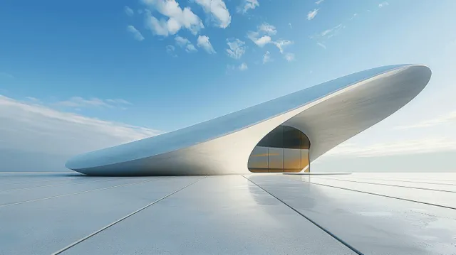Curved white building with a glass entry sits on a textured concrete floor under a blue sky.