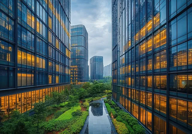 Warm-lit glass office buildings surround a green landscaped garden beside a reflective water walkway under clouds.