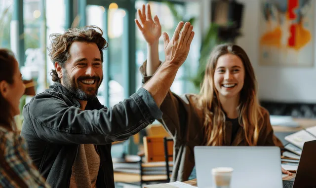 Team members high-fiving and laughing at desks in a bright office