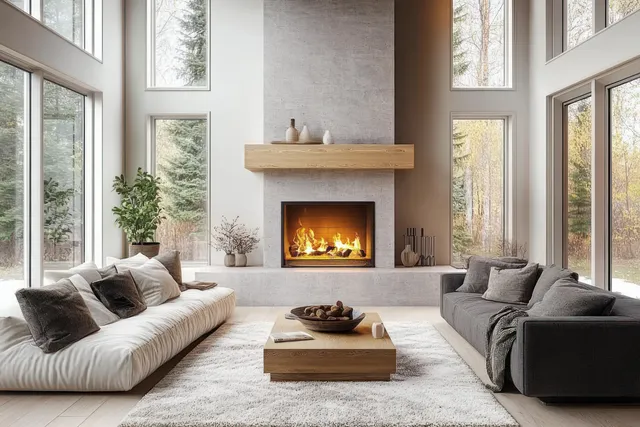 Cozy Scandinavian Living Room with Fireplace and Floor-to-Ceiling Windows