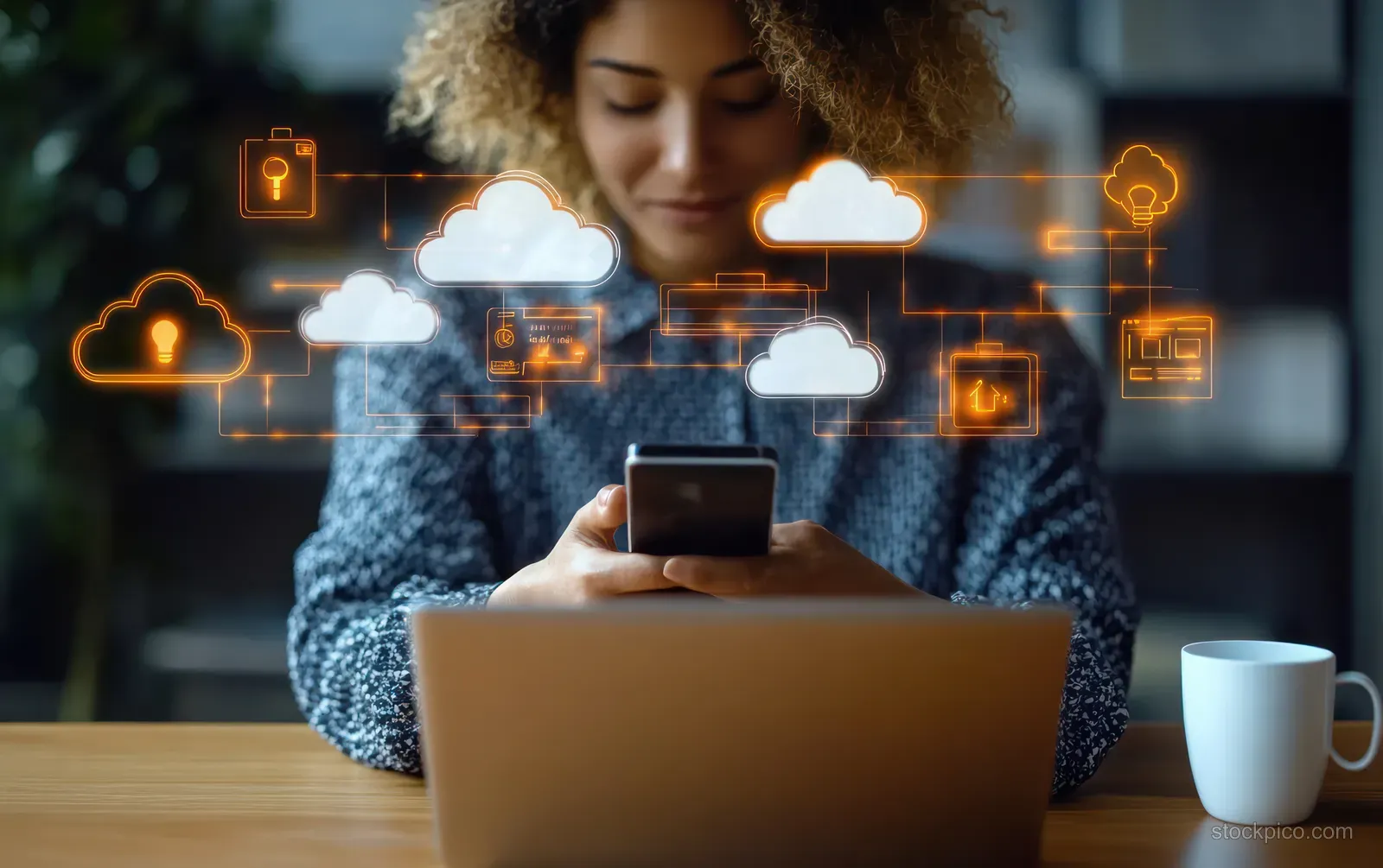 A woman uses a smartphone beside a laptop with cloud network icons hovering above the desk.