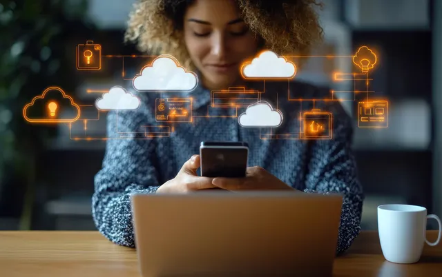 Woman Using Smartphone with Cloud Interface in a Modern Workspace