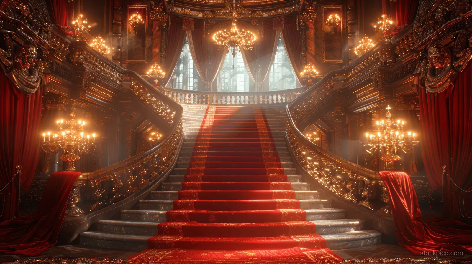 A red carpet leads up a grand staircase with golden chandeliers and warm lighting in a night award gala hall.