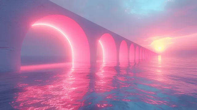 Neon pink futuristic archways reflect across calm water as distant lights glow under a blue sky.
