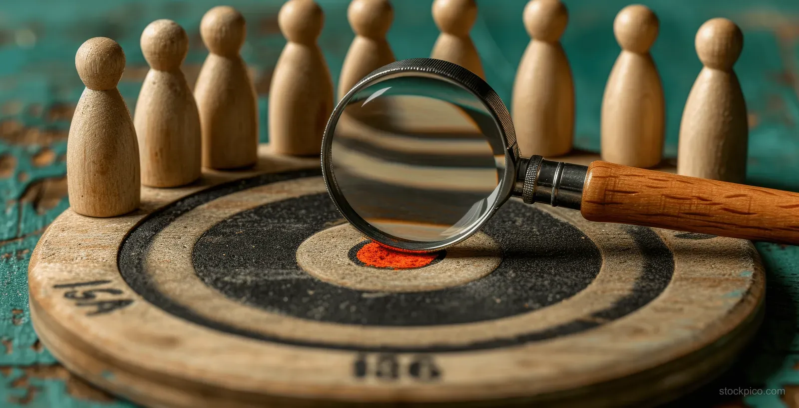 Magnifying glass highlights a red bullseye on a target board surrounded by wooden people figurines.