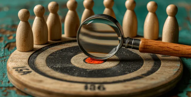 Magnifying glass highlights a red bullseye on a target board surrounded by wooden people figurines.