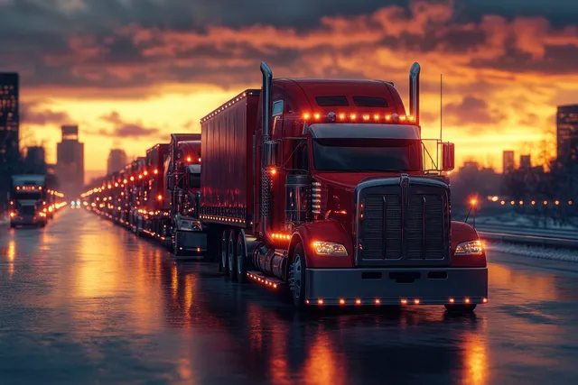 A row of colorful semi trucks with bright cab lights parked at dusk, reflecting on wet road pavement.