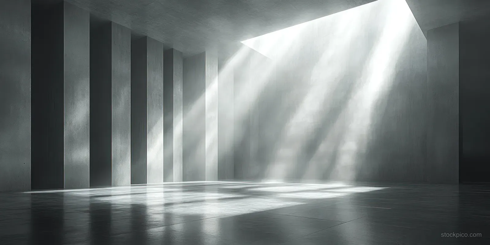 Empty concrete room interior where a bright sunbeam falls onto the floor, revealing vertical shadow stripes and rough walls.