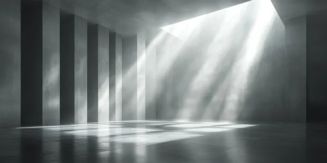 Empty concrete room interior where a bright sunbeam falls onto the floor, revealing vertical shadow stripes and rough walls.