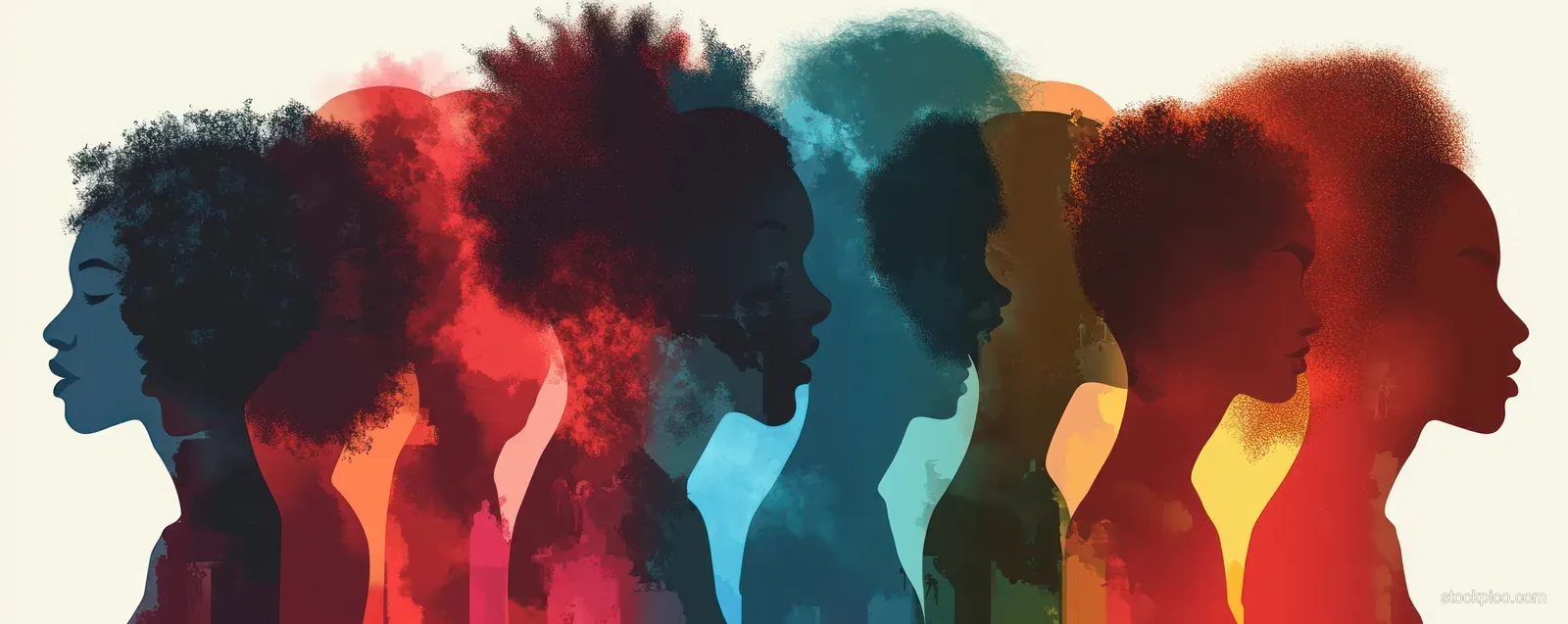 Colorful pop art silhouettes of diverse people facing right in a unified row on a gradient background.
