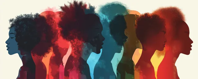 Colorful pop art silhouettes of diverse people facing right in a unified row on a gradient background.