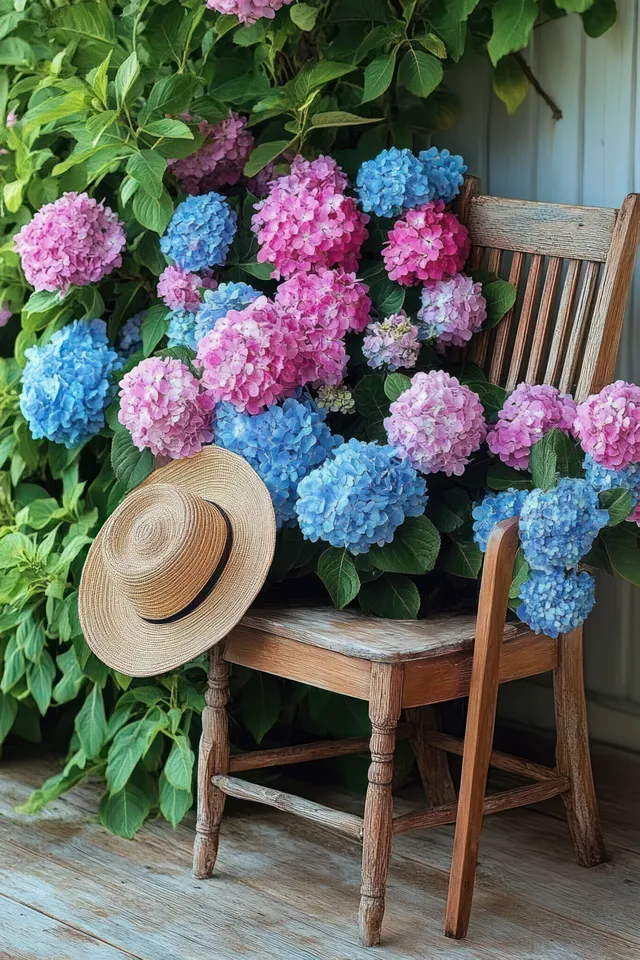 Wooden chair surrounded by green leaves with pink and blue hydrangea and a straw hat nearby outdoors.