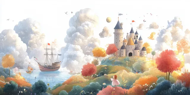 Playful castle ship sails through colorful fantasy hills under billowy clouds in watercolor