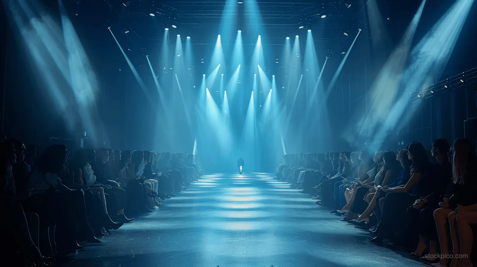 Blue spotlights shine over a dark fashion runway with a distant model silhouette and seated audience on both sides.