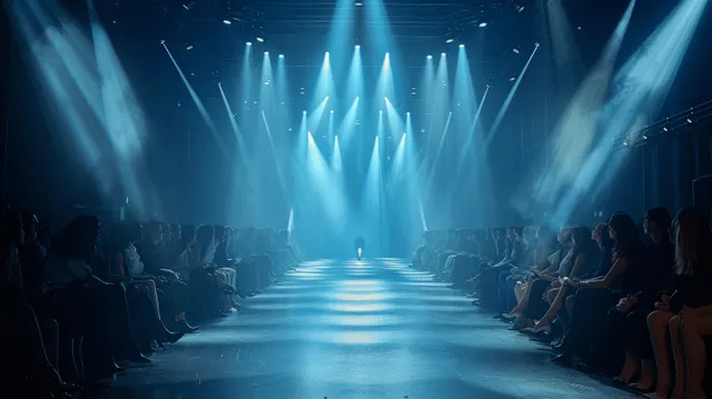 Blue spotlights shine over a dark fashion runway with a distant model silhouette and seated audience on both sides.