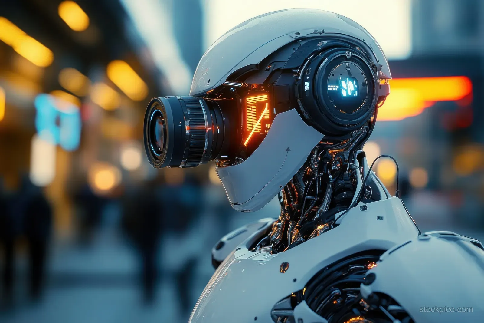 A cyborg camera operator frames a neon-lit film scene with a glowing AI lens in a city street background.