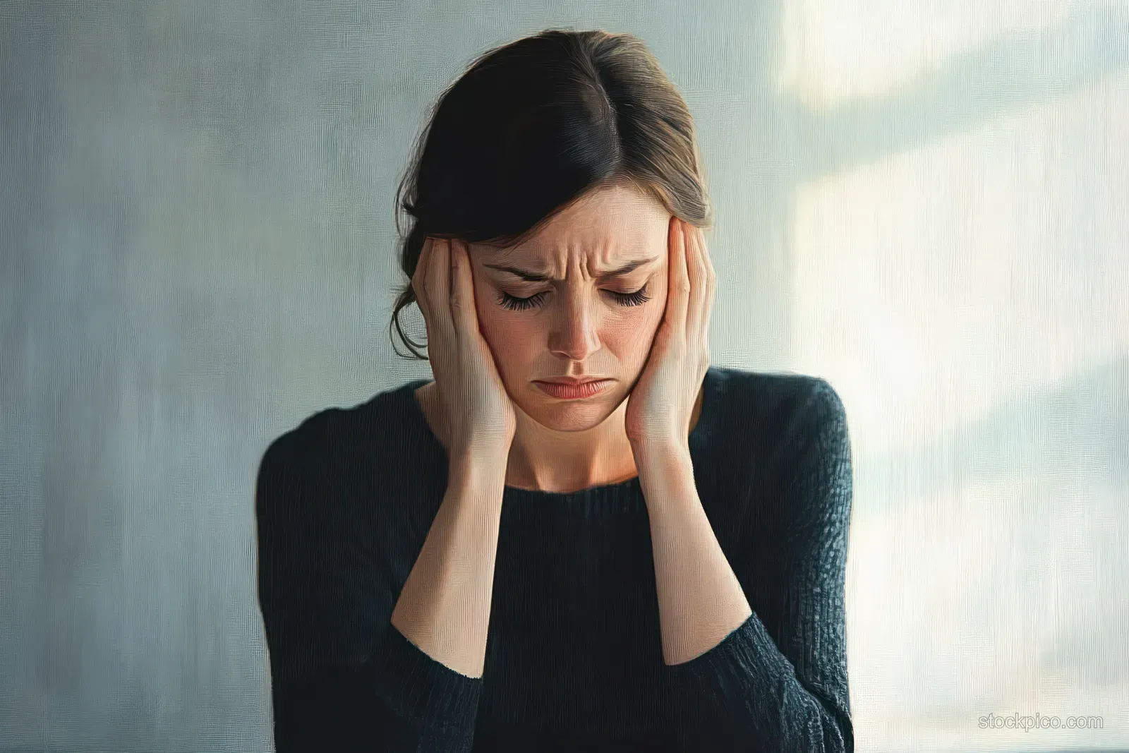 Young woman in a black sweater holds her head with eyes closed, showing distress indoors with soft light behind her.