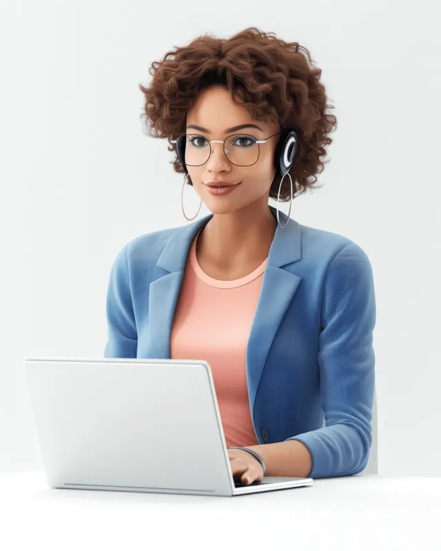 A woman sits on a bar stool using a laptop, wearing a pink shirt and grey pants on a white background.