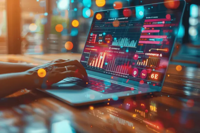 A businessman reviews an e-commerce KPI dashboard on a laptop showing glowing charts and metrics.