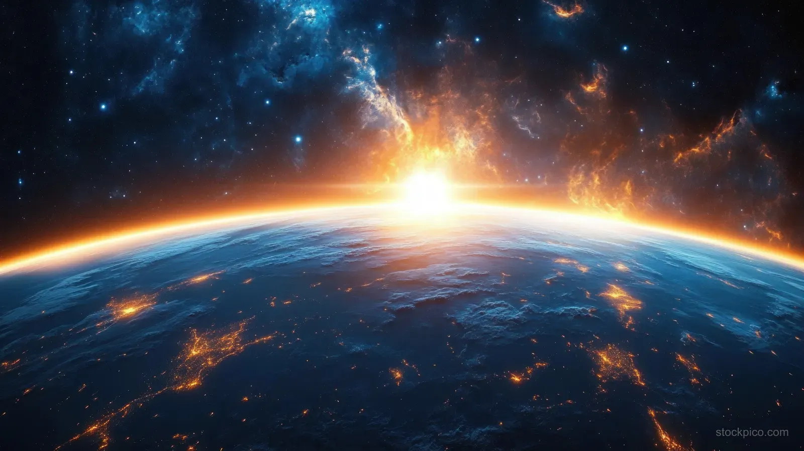 Earth rises into view from space with glowing city lights, clouds, and a bright starry nebula sky.