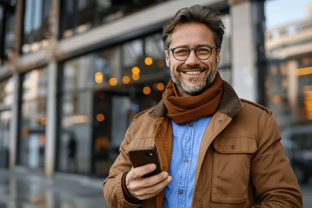 Smiling businessman texting on a smartphone outside a modern office building at dusk