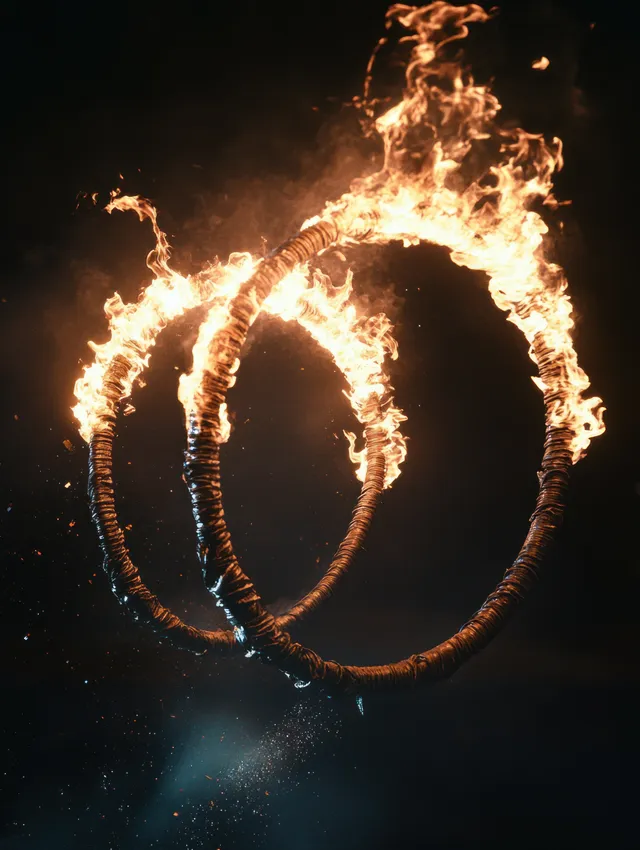 Two flaming hoop torches form glowing rings of orange fire and sparks against a dark night background.