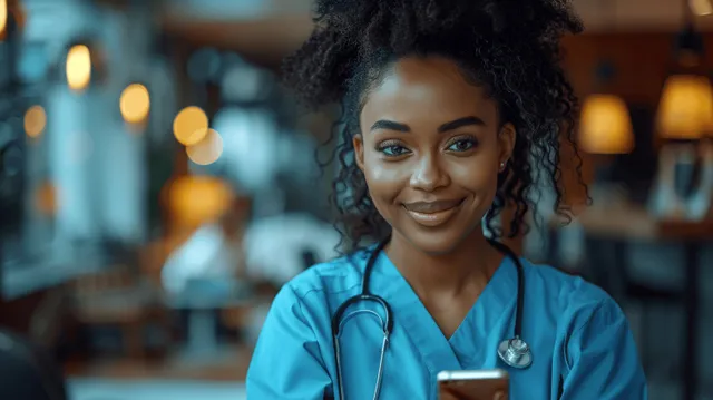 Smiling African American nurse holding a smartphone in a hospital office with stethoscope