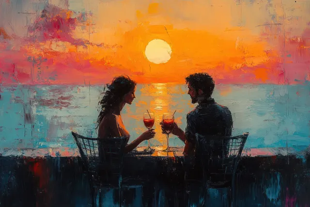 Two friends clink beer bottles on a sunset beach with painterly ocean glow