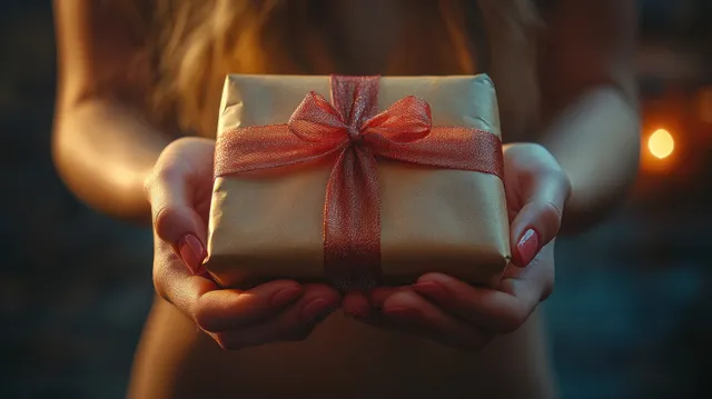 Hands holding a wrapped gift box with a red ribbon bow in warm festive light