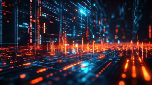 Neon city lights and glowing data streams align with rising growth graph bars and financial signals.