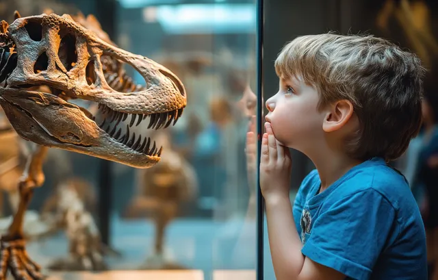 A boy looks closely at a dinosaur skull displayed behind glass in a museum.
