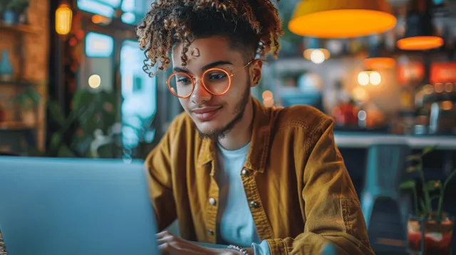 Smiling woman with round glasses typing on a laptop at a cafe table under warm bokeh lights.