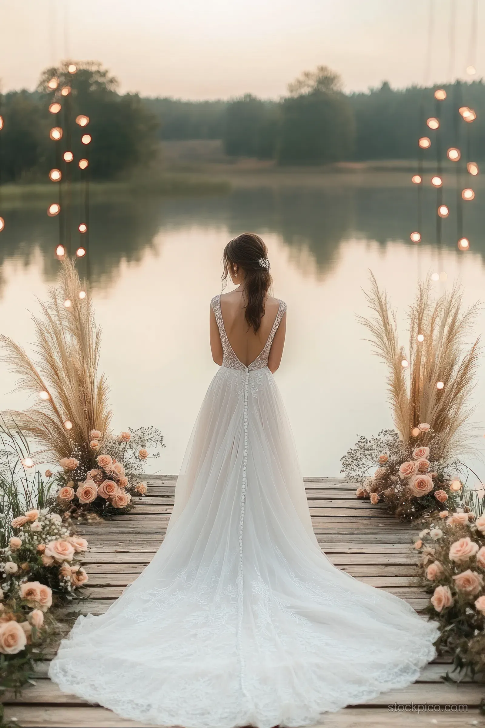 Bride in a lace wedding dress stands on a wooden dock surrounded by roses and pampas grass overlooking a calm lake at sunset.