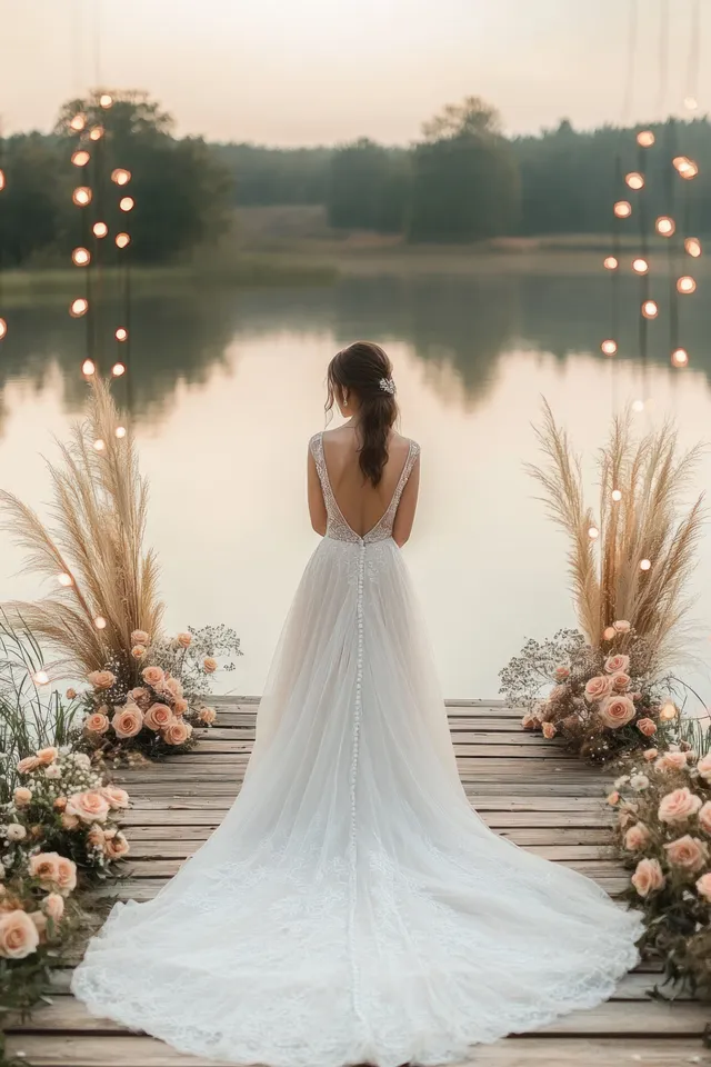 Bride in a lace wedding dress stands on a wooden dock surrounded by roses and pampas grass overlooking a calm lake at sunset.