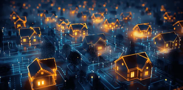 Aerial night view of smart suburban houses with glowing data network links and AI icons