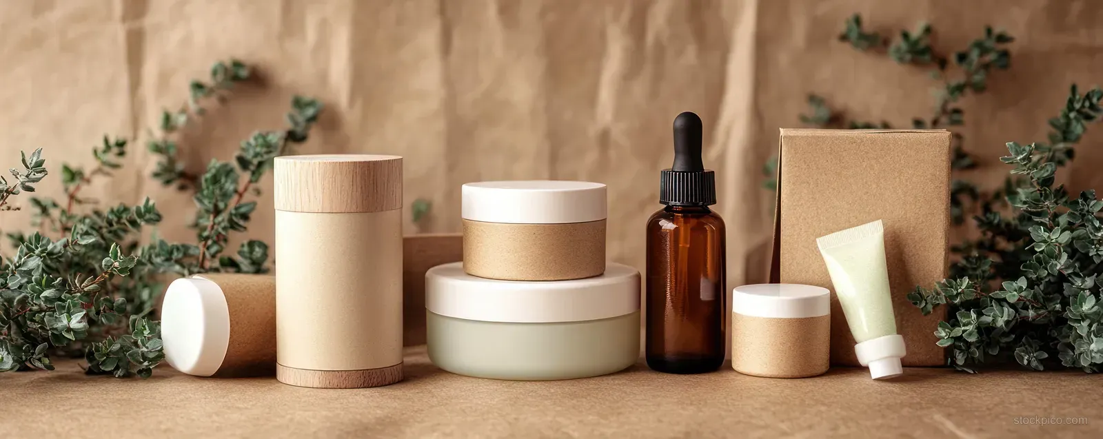 Minimalist flat lay of eco-friendly skincare containers, a dropper bottle, and solid soap with herbs and warm light.