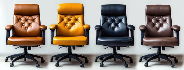Four leather office chairs in brown, yellow, black, and dark brown lined up against a white wall with swivel bases.