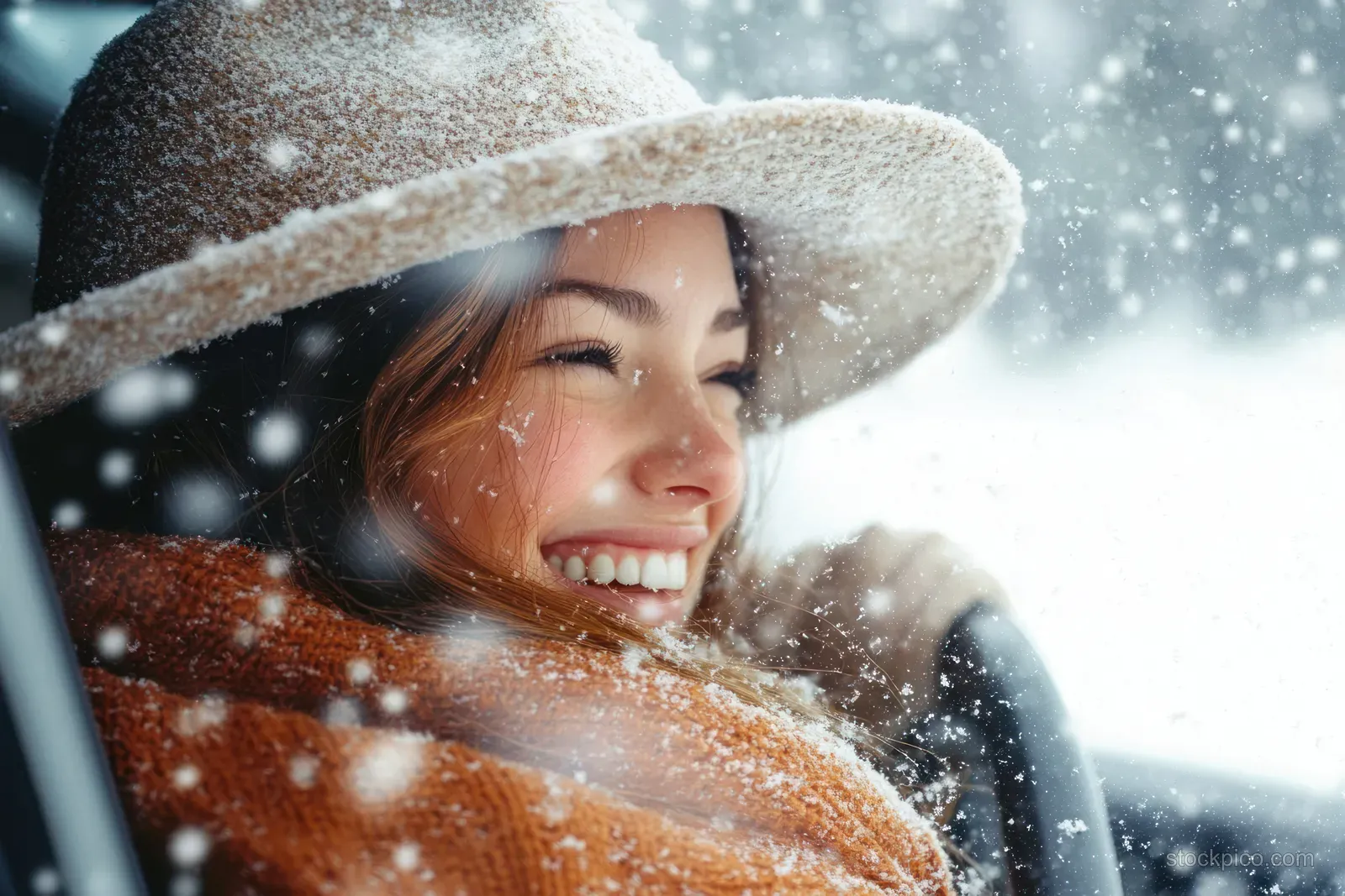 A joyful woman in a wide-brimmed hat smiles as she enjoys winter snowfall on a scenic forest road.