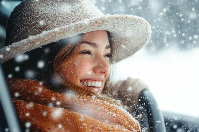 A joyful woman in a wide-brimmed hat smiles as she enjoys winter snowfall on a scenic forest road.