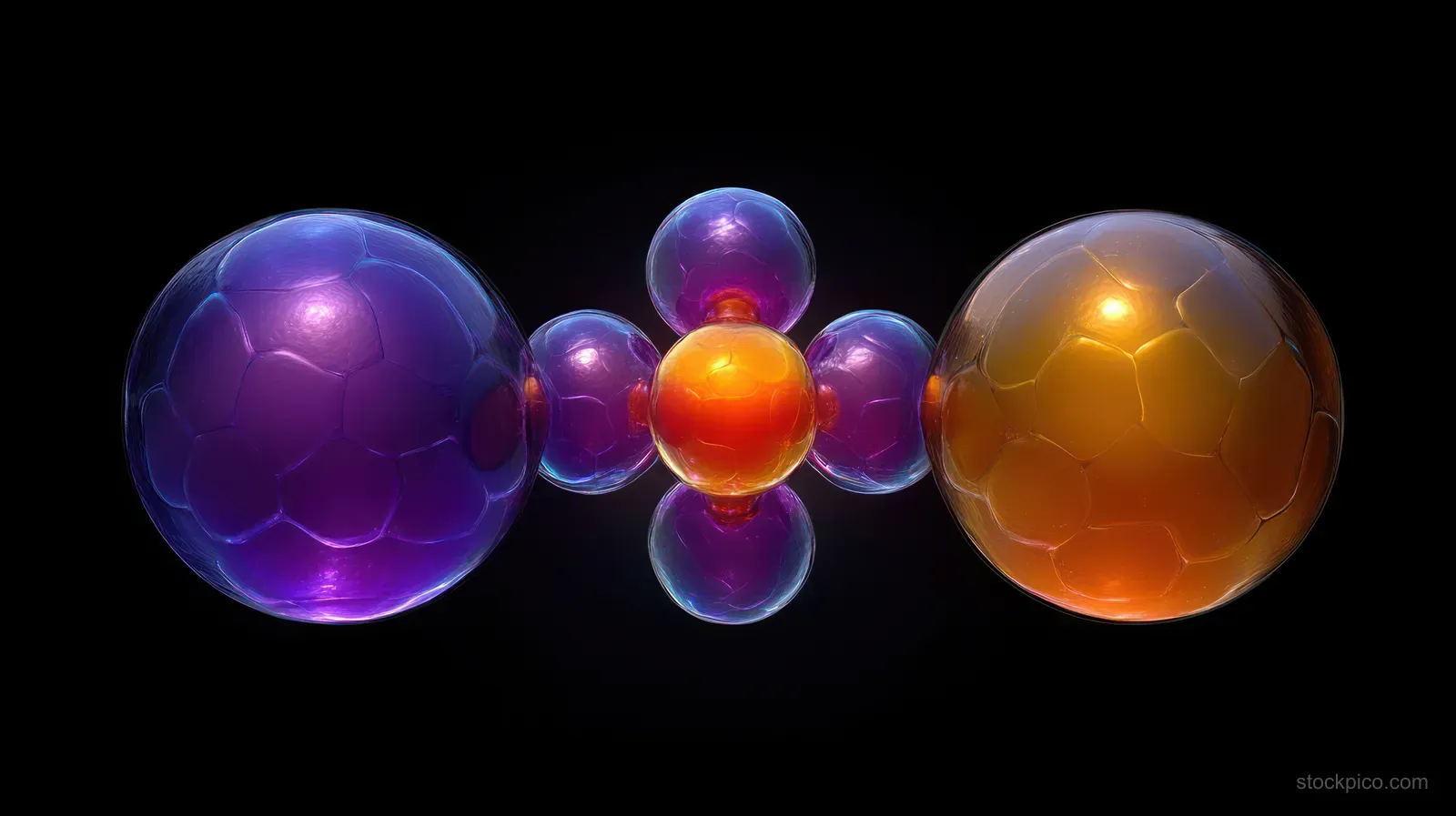 Glowing translucent purple and orange molecular spheres connected like atoms on a dark black background.