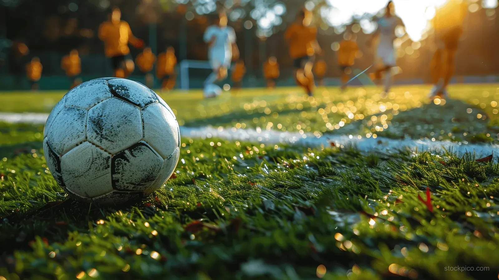 A soccer ball sits on green grass as kids in yellow uniforms play a match on a school field.