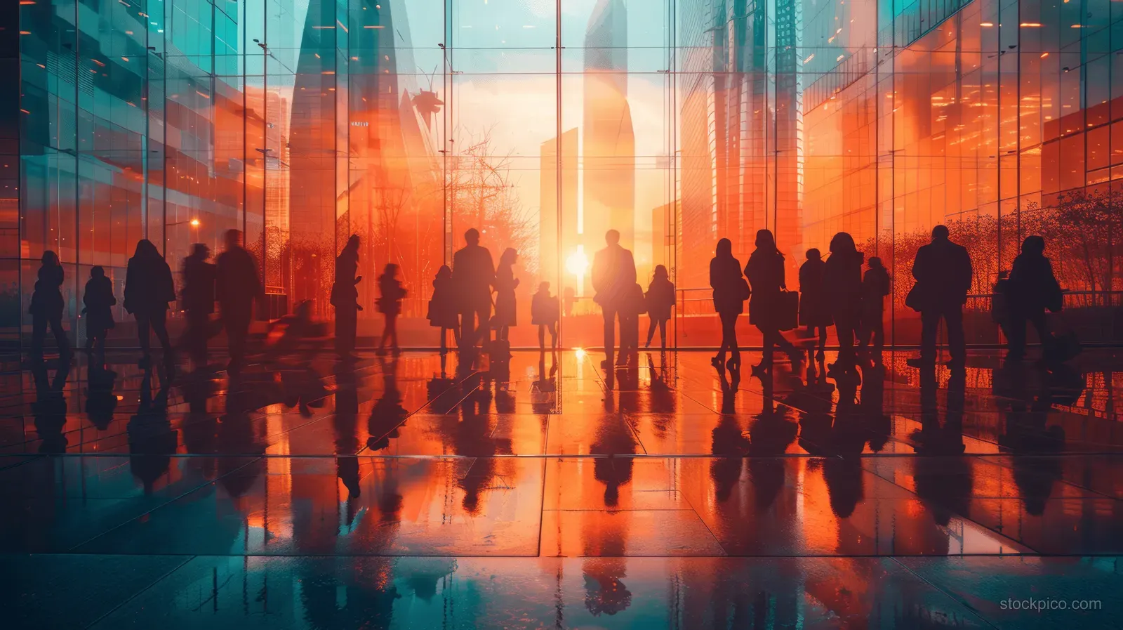 Silhouetted business people stand in a glass conference room with a glowing AI-like light overlay.