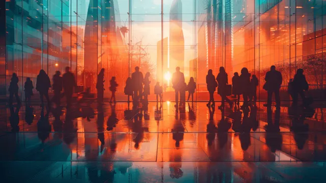 Silhouetted business people stand in a glass conference room with a glowing AI-like light overlay.