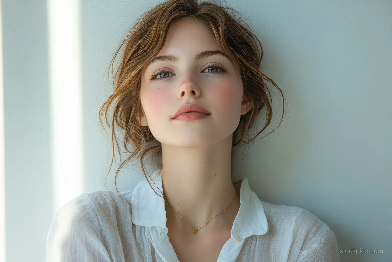 Young woman portrait with a soft smile near a window in natural light against a minimal background.